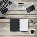 Vector illustration of workplace elements on a wooden background. Glasses, notebook, pen, coffee cup, paper clips Royalty Free Stock Photo