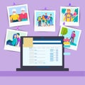 Workplace with a laptop and memorable family photos pinned to the wall Royalty Free Stock Photo