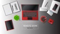 Vector illustration of a workplace at remote work. Laptop, tablet, envelope, notebook, notepad, pen, pencil, cup of coffee, flower Royalty Free Stock Photo