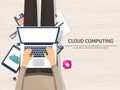 Vector illustration. Workplace, table with documents, computer. Flat cloud computing background. Media, data server. Web Royalty Free Stock Photo