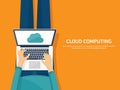 Vector illustration. Workplace, table with documents, computer. Flat cloud computing background. Media, data server. Web Royalty Free Stock Photo