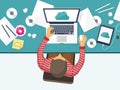 Vector illustration. Workplace, table with documents, computer. Flat cloud computing background. Media, data server. Web Royalty Free Stock Photo