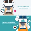 Vector illustration. Workplace,table with documents,computer. Flat cloud computing background. Media, data server. Web Royalty Free Stock Photo