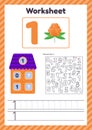Vector illustration. Worksheet count for kids. Berry. House. Number bonds. Trace line. The study of mathematics for children of