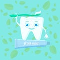 Vector illustration of world dentist day. Character healthy white tooth smiling holds a toothbrush in his hand, mint leaves in the