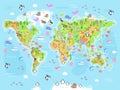 Vector illustration of world map with animals for kids. Royalty Free Stock Photo