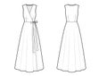 Vector illustration of wrap maxi sleeveless dress. Front and back. Women`s clothes