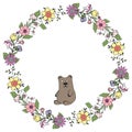 Vector illustration. Wreath of flowers and green leaves with a bear. Holiday. The isolated image on a white background.