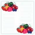 Vector illustration of writing paper with berries