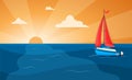 Vector illustration of a yacht at sea on a sunset background. Sailing. Yacht with scarlet sails in flat style. Sunset at