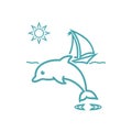 Vector illustration yacht, waves, sun and dolphin