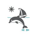 Vector illustration yacht, waves, sun and dolphin