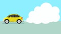 Vector or Illustration of yellow cartoon car passes by emitting pollutant fumes or smoke from the exhaust pipe. Royalty Free Stock Photo