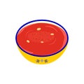 Vector illustration of yellow ceramic bowl with ornament and traditional Spanish tomato soup gazpacho