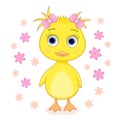 Vector illustration of a yellow duckling, chicken and flowers.