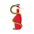 Vector illustration with a yellow-green snake entwining a bottle. Snake opens its mouth and alcohol, wine, vodka in red glass