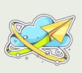 Vector illustration of yellow paper plane flying around blue clo Royalty Free Stock Photo