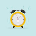 Yellow ringing alarm clock in flat style. Vector illustration.