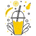 Vector illustration of yellow smoothie. Yellow fruit smoothie. Doodle style.