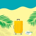 Vector illustration yellow trolley suitcase on the beach with straw hat. Bright sunlight sand ocean palm trees with shadows