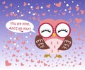 Happy Valentine`s Day! Valentine`s Day card with cute flat pink owl on gradient blue background. Royalty Free Stock Photo