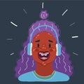 Vector illustration of young afro teen face listening to music on dark backround.