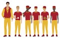 Vector illustration of the young baseball players team with coach trainer wearing the uniform.