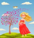 Vector illustration of young beautiful pregnant blonde wom