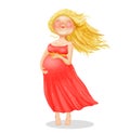 Vector illustration of young beautiful pregnant blonde woman in red dress