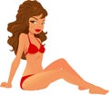Vector illustration of a young brunette woman sitting wearing a red bikini