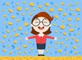 Vector illustration of young business woman standing under the money rain Royalty Free Stock Photo