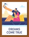Vector illustration of young couple sailing on gondola, boat, taking selfie against of the architecture of Venice Royalty Free Stock Photo