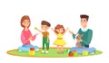 Vector illustration of young family with kids home playing on the carpet with baby boy and little girl. Parents with