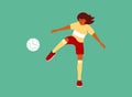 Vector illustration of young female soccer player kicks ball on green football field Royalty Free Stock Photo