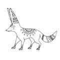 Vector illustration of a young fennec fox walking. Coloring book or postcard, linear drawing in stained glass style. Patterns and