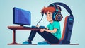 Vector Illustration Young Gamer Sit IN Front Of A Screen And Playing Video Game. Wearing Headphone.