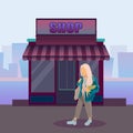 Vector illustration of a young girl near the store . Shop with city background.Teenager urban background.Stylish cute girl in fash