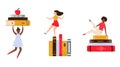 Vector illustration of young girls and piles of books Royalty Free Stock Photo