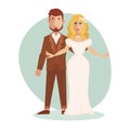 Vector illustration of young happy Just married couple newlyweds bride and groom. Royalty Free Stock Photo