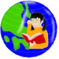 Vector illustration of a young lady reading book on earth background Royalty Free Stock Photo