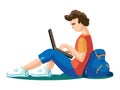 Vector illustration of young student man - boy, teenager - sitting on grass - with gadget laptop, backpack. Royalty Free Stock Photo