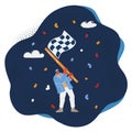 Vector illustration of young man holding a black and white checkered flag over dark background. Royalty Free Stock Photo