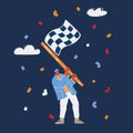 Vector illustration of young man holding a black and white checkered flag over dark backround Royalty Free Stock Photo