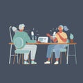 Vector illustration of Young man interviewing a woman in a radio studio. Podcast and broadcast blogger concept on dark