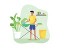 Vector illustration Young man ironing clothes