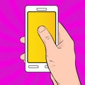 Vector illustration with young man`s hands holding smartphone in pop art style