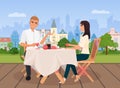 Vector illustration of young man and woman communicating sitting in outside cafe on the old city background. Royalty Free Stock Photo