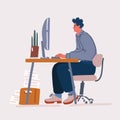 Vector illustration of Young man working at his office at the computer Royalty Free Stock Photo