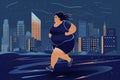 Vector illustration with a young obese woman running against the background of a night city