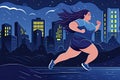 Vector illustration with a young obese woman running against the background of a night city